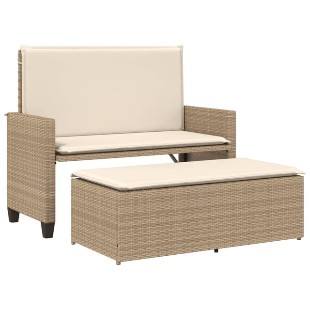 vidaXL Gartenbank mit Kissen und Hocker Beige Poly Rattan
