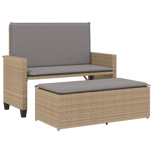 vidaXL Gartenbank Poly Rattan mit Kissen und Hocker Beige