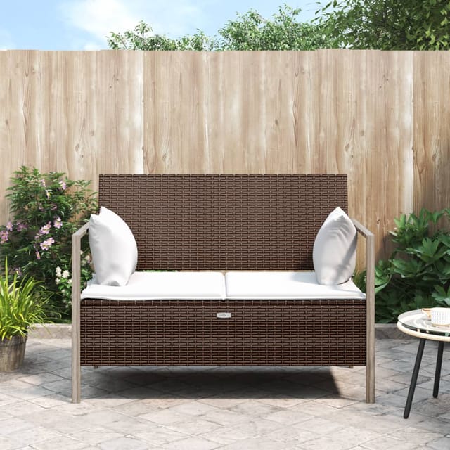 vidaXL Gartenbank 2-Sitzer Poly Rattan mit Kissen Braun