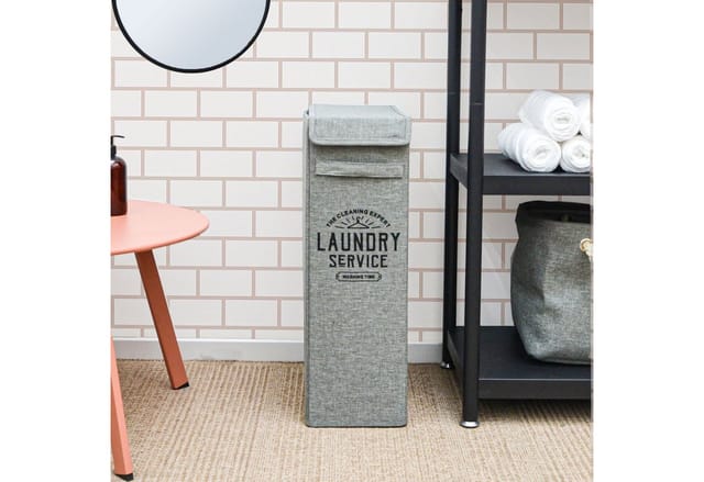 DuneDesign 50 Liter Wäschekorb mit Deckel 20 x 40 x 60 cm Grau mit Aufdruck