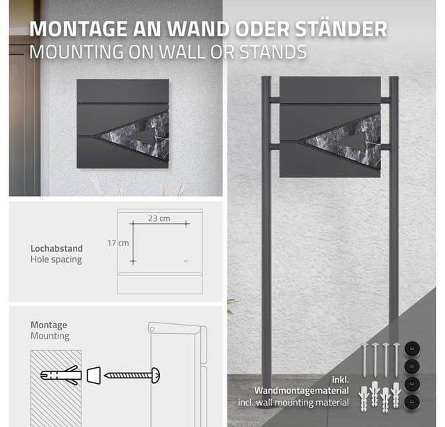ML-Design Briefkasten 37x36,5x11 cm Anthrazit/Schwarz-Marmoroptik Zeitungsfach