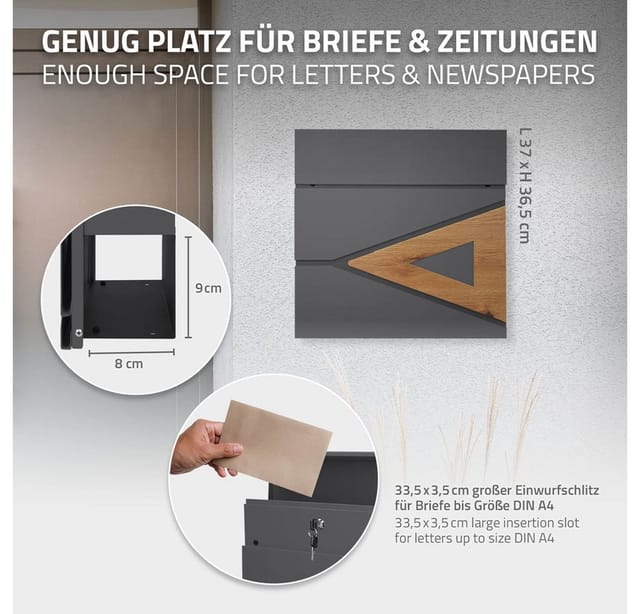 ML-Design Briefkasten Stahl mit Zeitungsfach 37x36,5x11 cm Anthrazit/Holzoptik