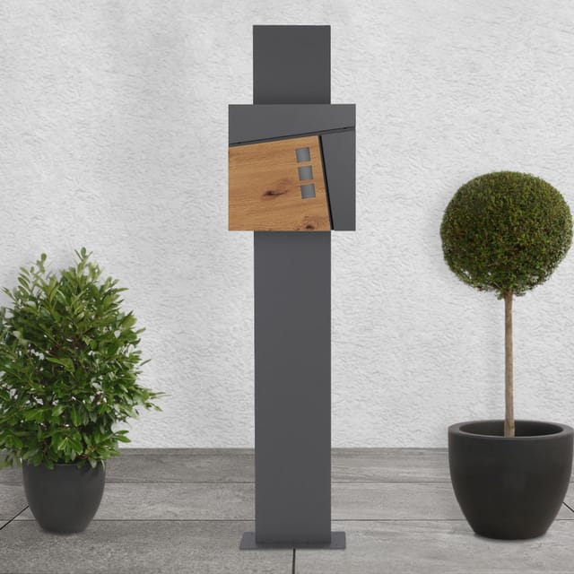 ML-Design Standbriefkasten mit Zeitungsfach Anthrazit- Holzoptik mit Pfosten