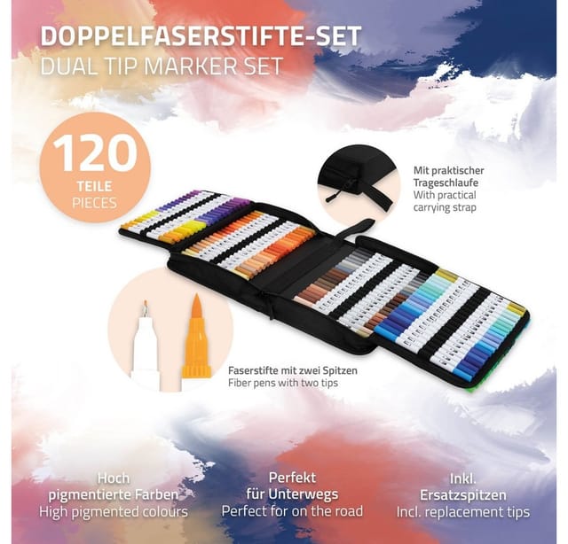 ECD Germany Dual Brush Pen Set 120 Farben Wasserbasis Doppelfasermaler Set
