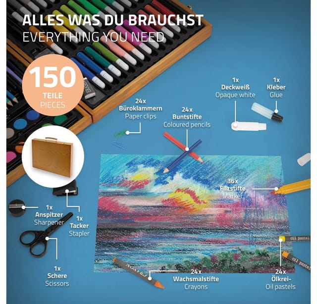 ECD Germany 150 Teiliges Malset mit Holzkoffer Malkoffer Malkasten Zeichenset