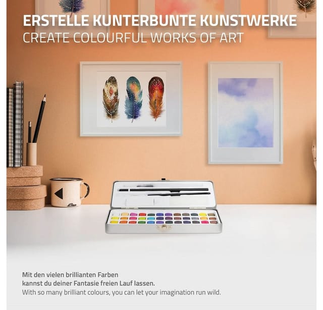 ECD Germany Aquarellfarben Set 48 Farben in Tragbarer Box inkl Pinsel