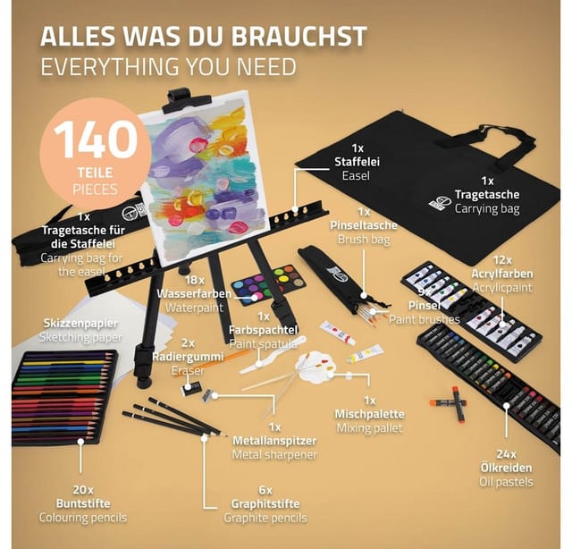ECD Germany 140tlg XXL Malset mit Staffelei Künstler Acryl Zeichenset Buntstifte