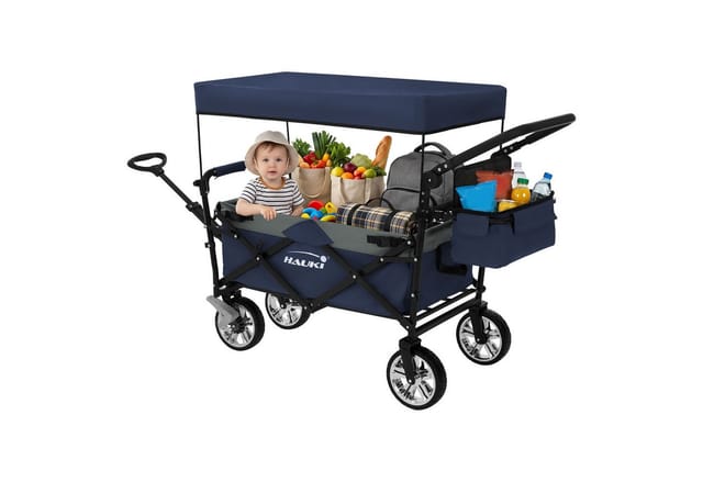 Hauki Bollerwagen XXL Faltbar mit Dach und Tasche Blau-Grau Handwagen Klappbar