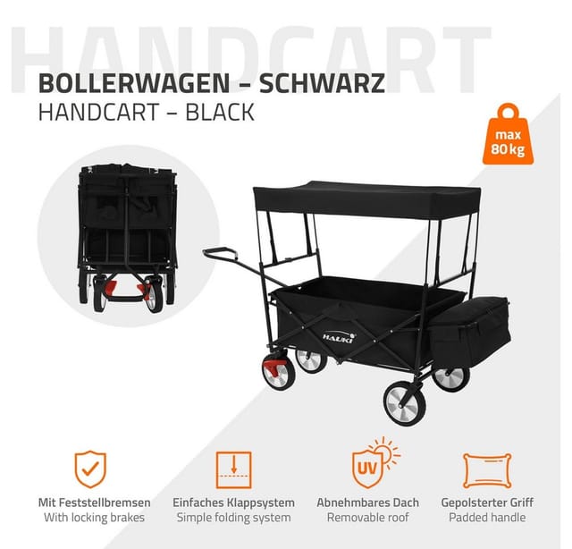 Hauki Bollerwagen L Faltbar mit DachTransportwagen für Kinder Schwarz Klappbar