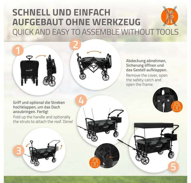 Hauki Bollerwagen XXL Faltbar mit Dach Tasche Schwarz-Grau Handwagen Klappbar
