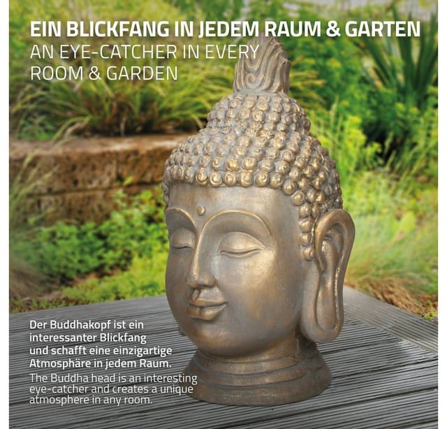 ECD Germany Buddha Figur Kopf Statue 53cm Polyresin Bronzeoptik Garten Deko