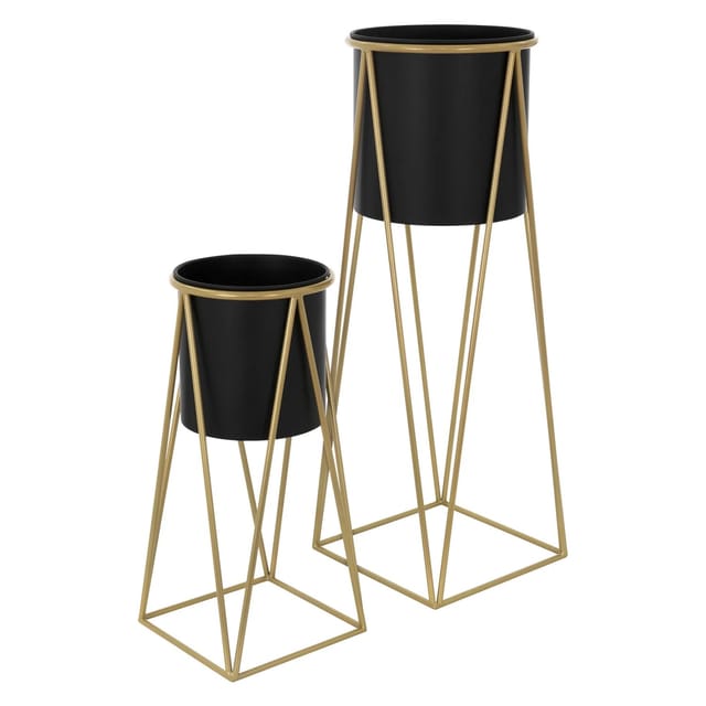 ML-Design Blumenständer 2Er Set Schwarz-Gold 21,8x22x47cm 25x25x71cm aus Stahl