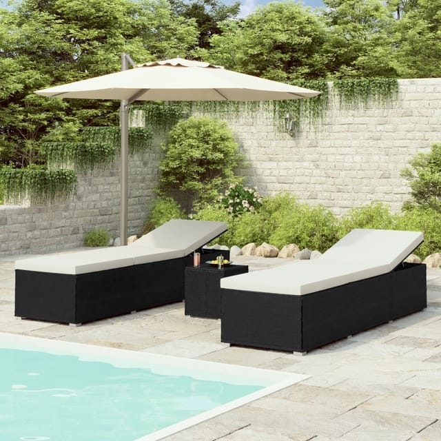 vidaXL 3-tlg. Garten-Sonnenliegen mit Teetisch Poly Rattan Schwarz Cremeweiß