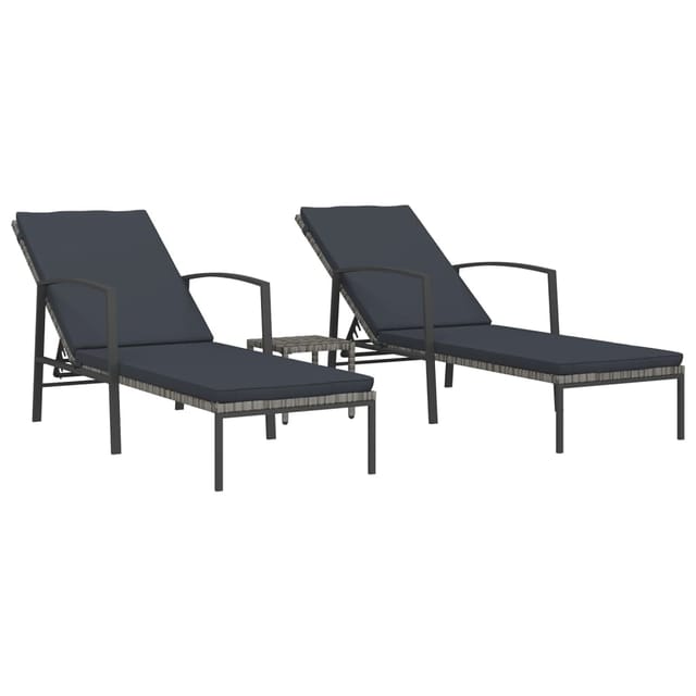 vidaXL Sonnenliegen 2 Stk. mit Tisch Poly Rattan Grau Pulverbeschichteter Stahl