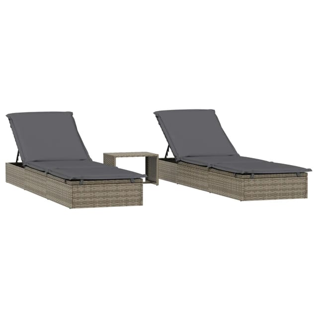 vidaXL Sonnenliegen 2 Stk. mit Tisch Grau Poly Rattan 201 x 55 x 20/23/36/50/62 cm