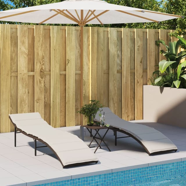 vidaXL Sonnenliegen 2 Stk. mit Auflagen Braun Poly Rattan 55 x 199 x 50/68/82/89 cm