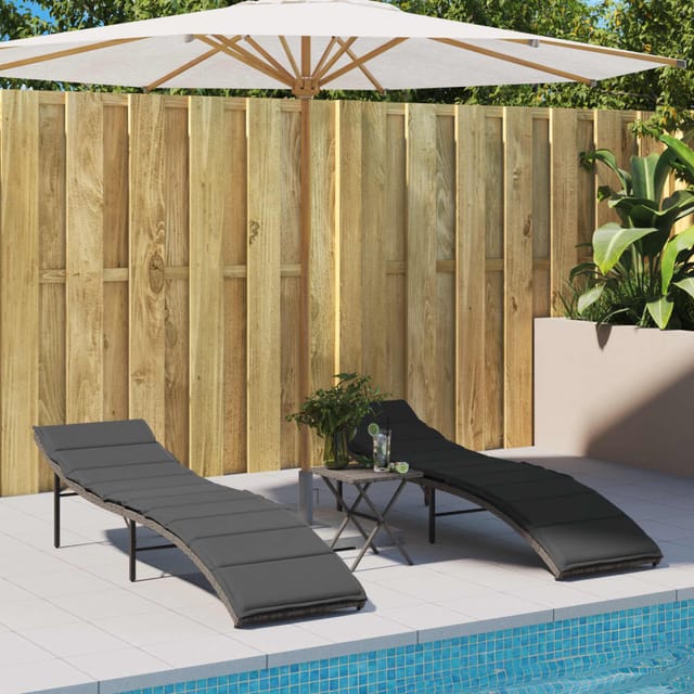 vidaXL Sonnenliegen 2 Stk. mit Auflagen Grau Poly Rattan 55 x 199 x 50/68/82/89 cm