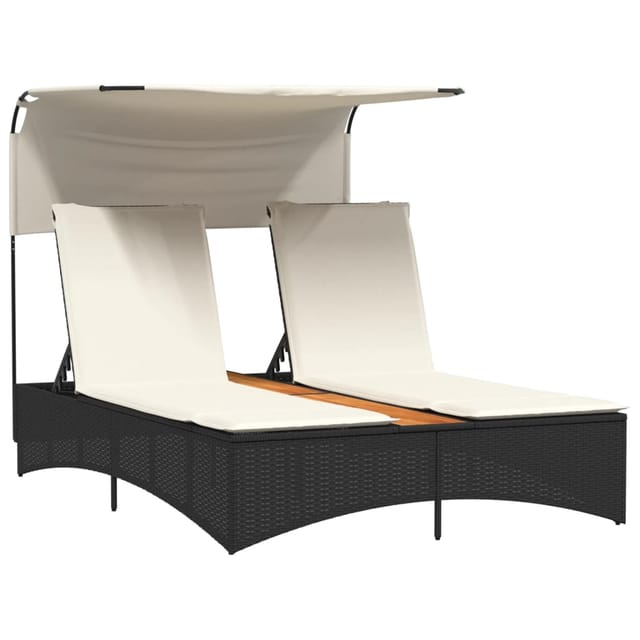 vidaXL Doppel-Sonnenliege mit Dach und Auflagen Schwarz Poly Rattan 136 x 202 x 140 cm