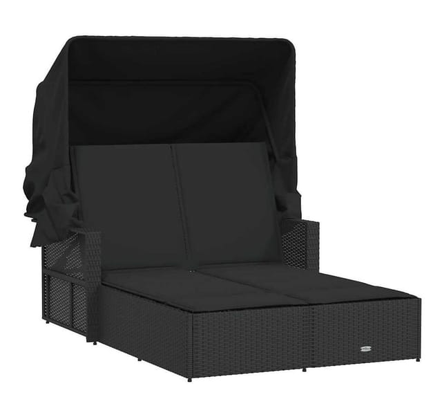 vidaXL Doppel-Sonnenliege mit Dach und Auflagen Schwarz Poly Rattan 110 x 180/201 x 149 cm