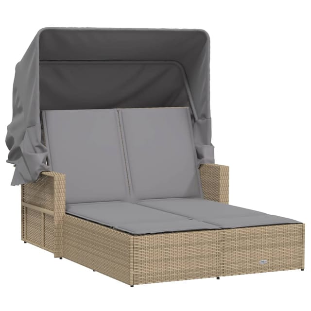 vidaXL Doppel-Sonnenliege mit Dach und Auflagen Beige Poly Rattan 110 x 180/201 x 149 cm