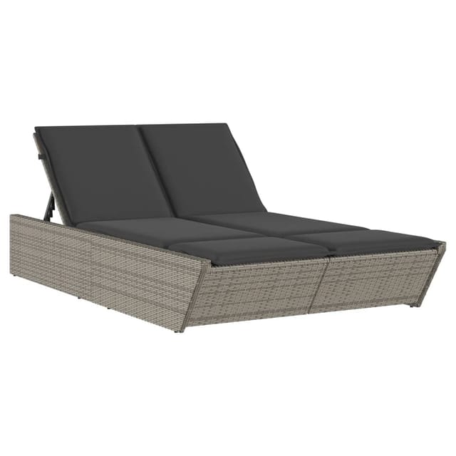 vidaXL Doppel-Sonnenliege mit Kissen Grau Poly Rattan 118 x 200 x 50,5/62,5/73,5/83 cm