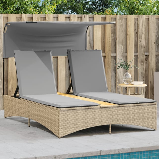 vidaXL Doppel-Sonnenliege mit Dach und Auflagen Beige Poly Rattan 136 x 202 x 140 cm