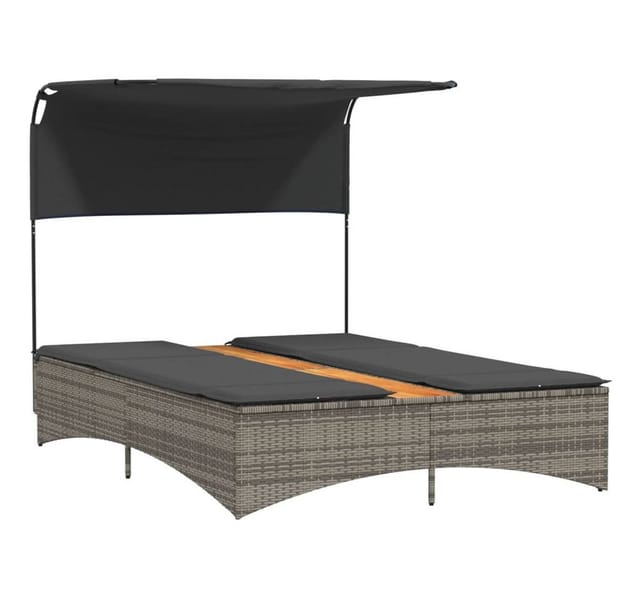 vidaXL Doppel-Sonnenliege mit Dach und Auflagen Grau Poly Rattan 136 x 202 x 140 cm