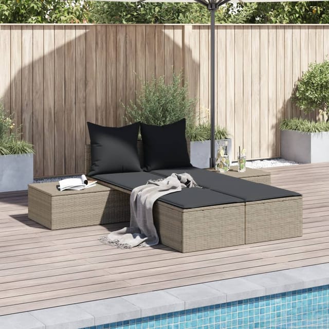 vidaXL Doppel-Sonnenliege mit Kissen Hellgrau Poly Rattan 104 x 162 x 30 cm