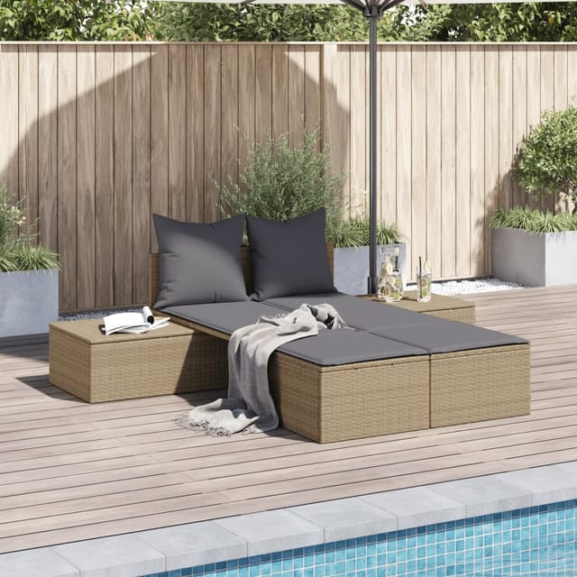 vidaXL Doppel-Sonnenliege mit Auflagen Beige Poly Rattan 104 x 162 x 30 cm