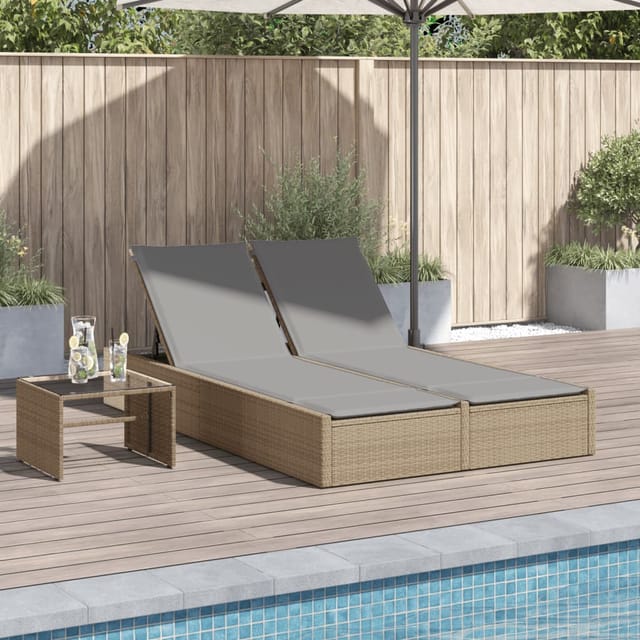 vidaXL Doppel-Sonnenliege mit Auflagen Beige Poly Rattan 123 x 200 x 28/46/61/72 cm