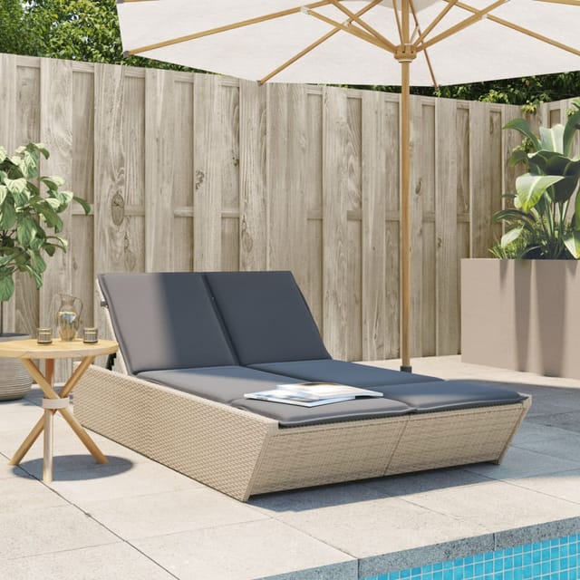 vidaXL Doppel-Sonnenliege mit Auflagen Beige Poly Rattan 118 x 200 x 50,5/62,5/73,5/83 cm