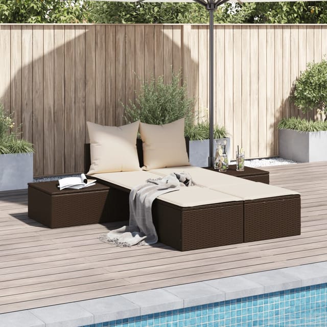 vidaXL Doppel-Sonnenliege mit Auflagen Braun Poly Rattan 104 x 162 x 30 cm