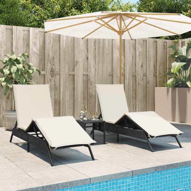 vidaXL Sonnenliegen 2 Stk. mit Tisch Schwarz Poly Rattan 170/200 x 59 x 26/50/64/75/85 cm