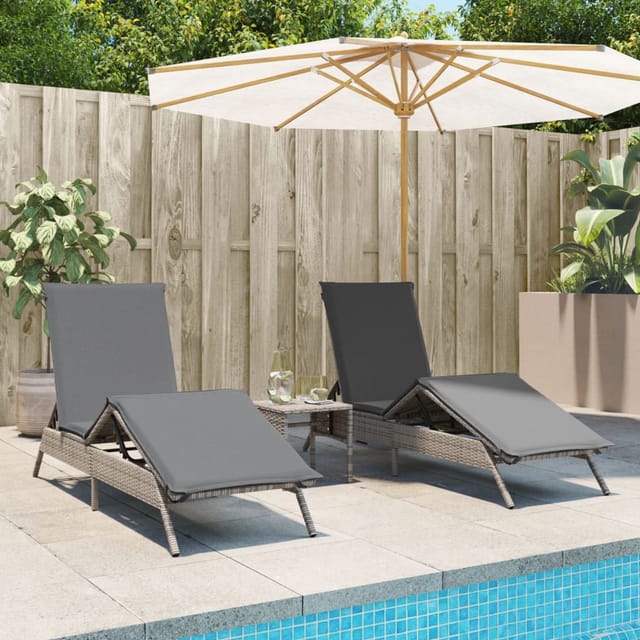 vidaXL Sonnenliegen 2 Stk. mit Tisch Grau Poly Rattan 170/200 x 59 x 26/50/64/75/85 cm