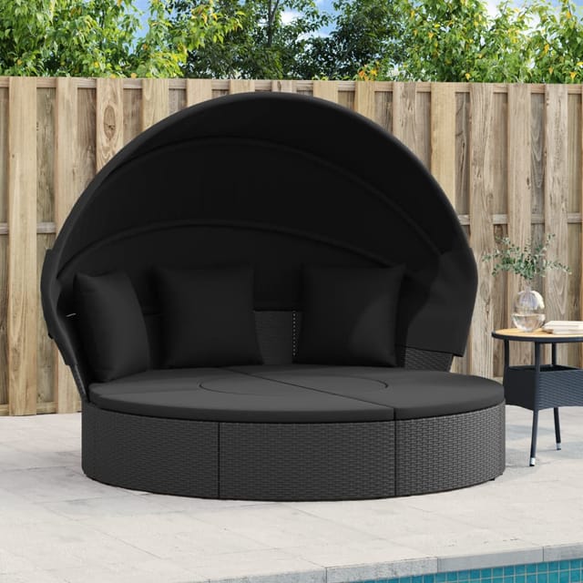 vidaXL Outdoor-Loungebett mit Dach und Kissen Schwarz Poly Rattan 3