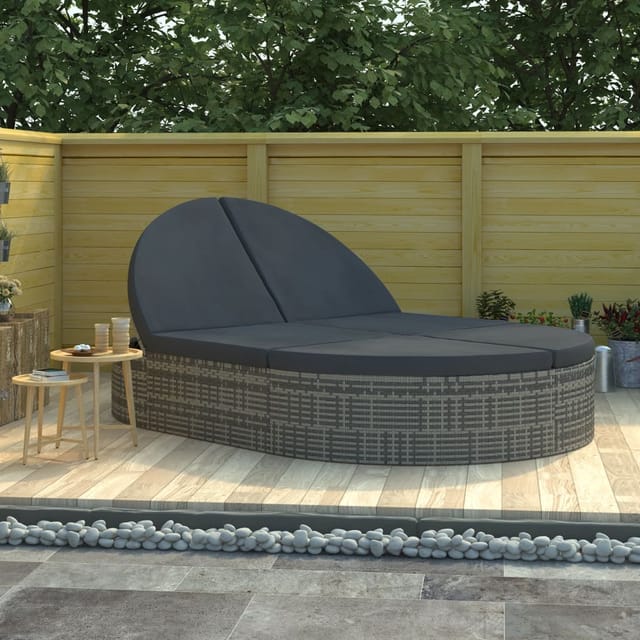 vidaXL Doppel-Sonnenliege mit Kissen Poly Rattan Grau 2