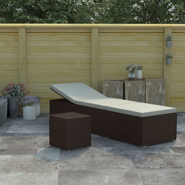 vidaXL Sonnenliege mit Auflage und Teetisch Poly Rattan Braun Cremeweiße Kissen