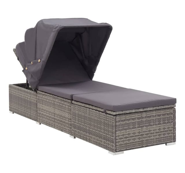 vidaXL Sonnenliege mit Sonnenschutz und Auflagen Poly Rattan Grau