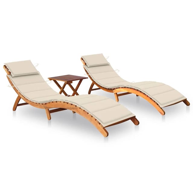 vidaXL Sonnenliegen 2 Stk. mit Tisch und Auflagen Kissenfarbe Cremeweiß Massivholz Akazie