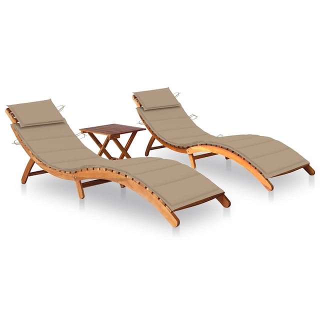 vidaXL Sonnenliegen 2 Stk. mit Tisch und Auflagen Kissenfarbe Beige Massivholz Akazie