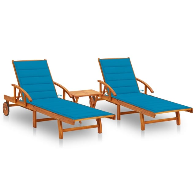 vidaXL Sonnenliegen 2 Stk. mit Tisch und Auflagen Massivholz Akazie Polster-Farbe Blau
