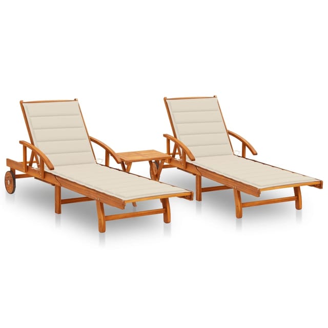vidaXL Sonnenliegen 2 Stk. mit Tisch und Auflagen Massivholz Akazie Kissenfarbe Cremeweiß