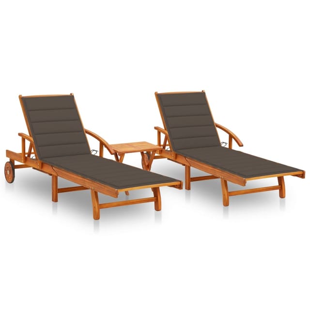 vidaXL Sonnenliegen 2 Stk. mit Tisch und Auflagen Massivholz Akazie Kissenfarbe Taupe