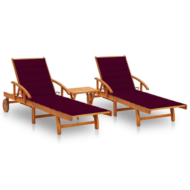 vidaXL Sonnenliegen 2 Stk. mit Tisch und Auflagen Massivholz Akazie Kissenfarbe Weinrot