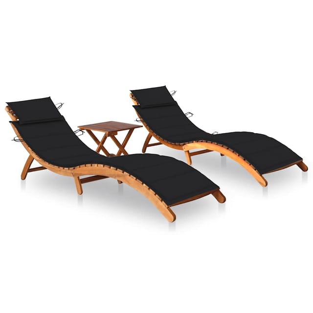 vidaXL Sonnenliegen 2 Stk. mit Tisch und Auflagen Polsterfarbe Schwarz Massivholz Akazie