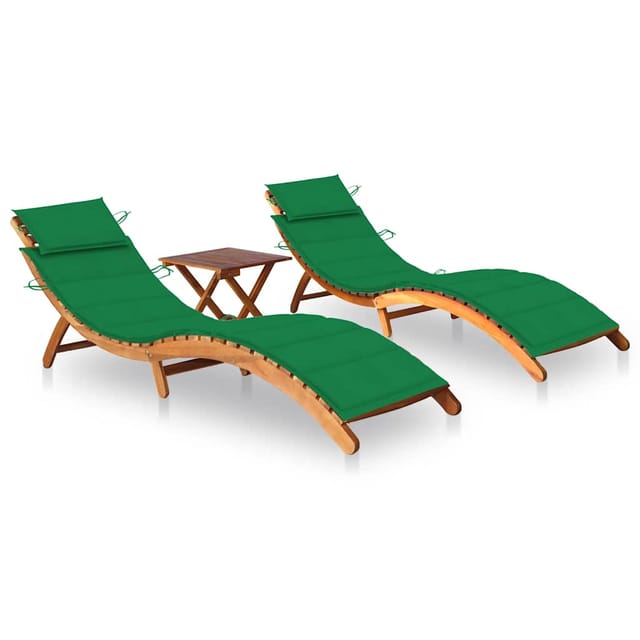 vidaXL Sonnenliegen 2 Stk. mit Tisch und Auflagen Polster-Farbe Grün Massivholz Akazie