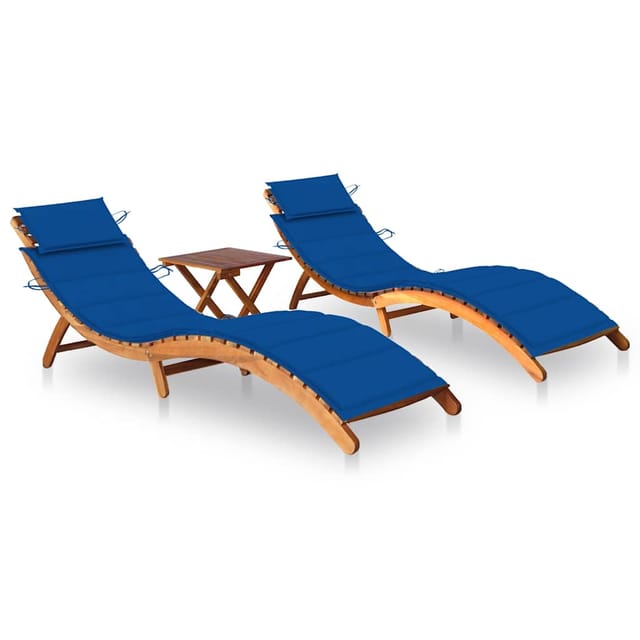 vidaXL Sonnenliegen 2 Stk. mit Tisch und Auflagen Kissenfarbe Königsblau Massivholz Akazie