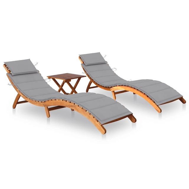 vidaXL Sonnenliegen 2 Stk. mit Tisch und Auflagen Polster-Farbe Grau Massivholz Akazie