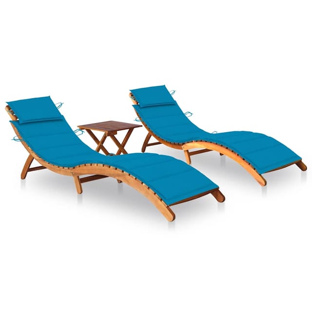 vidaXL Sonnenliegen 2 Stk. mit Tisch und Auflagen Polster-Farbe Blau Massivholz Akazie