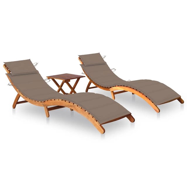 vidaXL Sonnenliegen 2 Stk. mit Tisch und Auflagen Kissenfarbe Taupe Massivholz Akazie